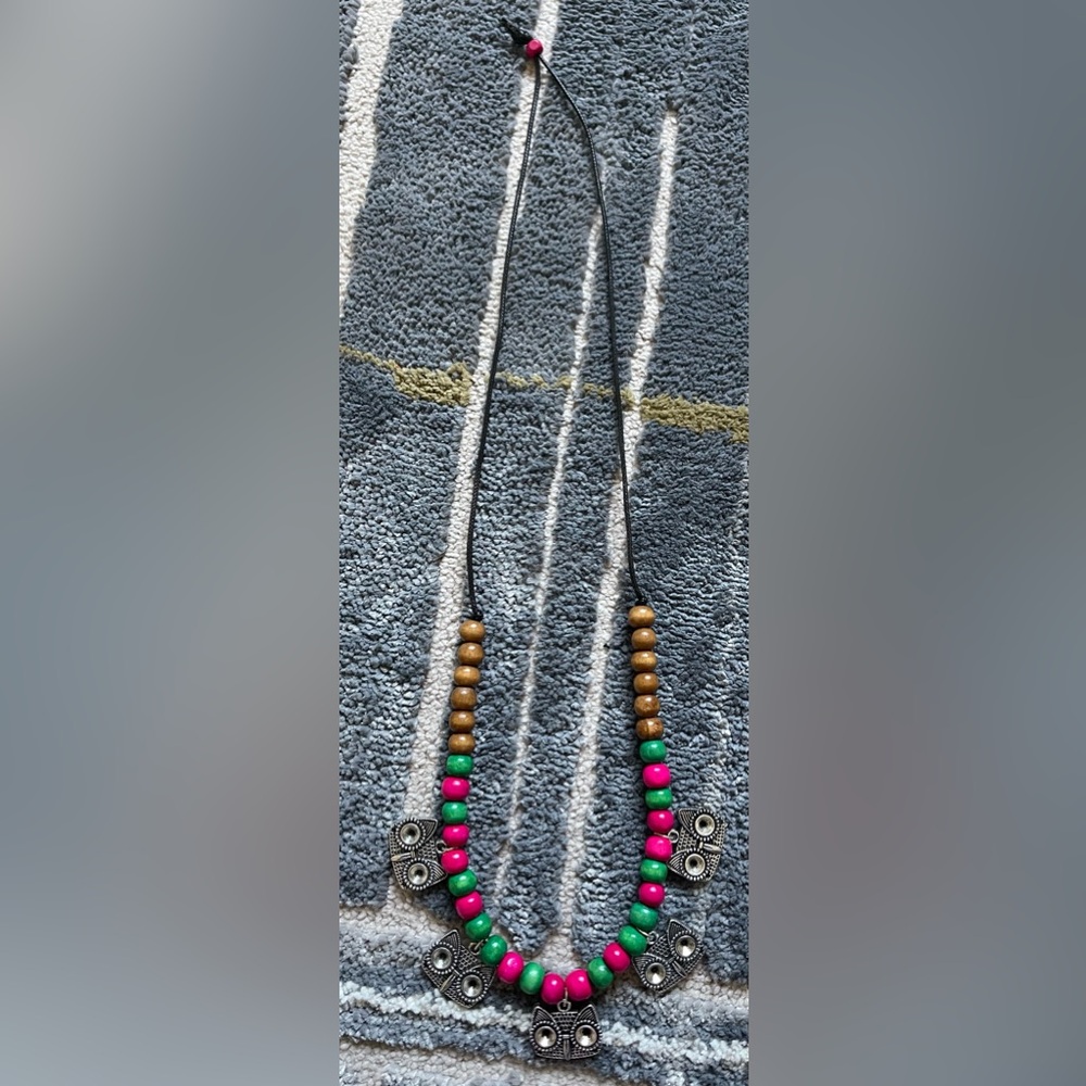 Pink and Green with Silver ornaments and black string, one size, ArtikCrafts.